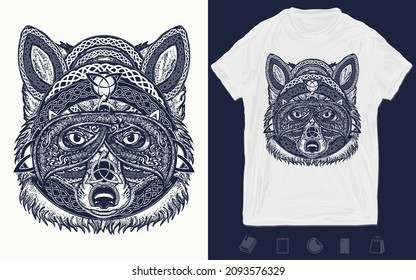 Fox viking in the celtic style, tattoo art. Wolf t-shirt design. Vector graphics template. Hand drawn illustration 