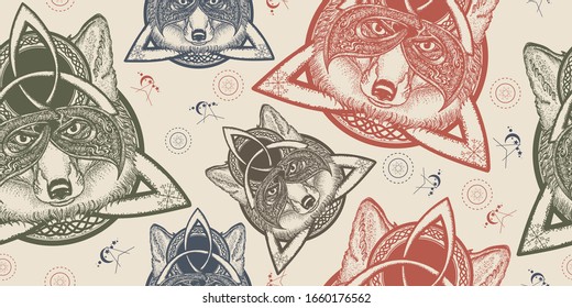 Fox viking. Seamless pattern. Packing old paper, scrapbooking style. Vintage background. Medieval manuscript, engraving art 