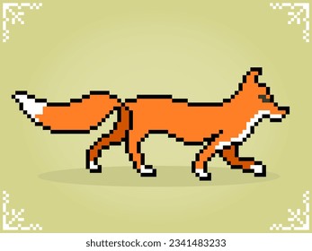 Fox camina en arte de píxeles de 8 bits. Animal para activos de juego y patrón de puntos cruzados en ilustración vectorial.