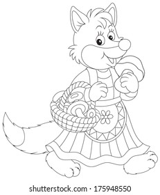 fox walking with a basket of mushrooms