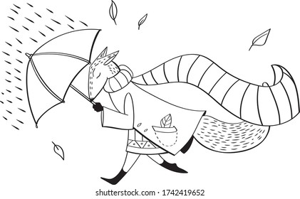 Fox walking through the rain with umbrella 