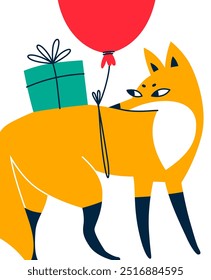 Fox walks with a birthday present and looks around. Vector illustration, doodle, cartoon