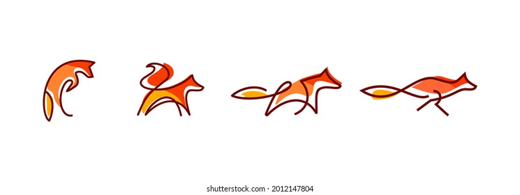 fox wall art design, line art of abstract orange fox jumping and running, minimal foxes line logo set collection illustration isolated on white background