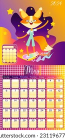 Fox wall calendar. Chinese 2024 year dragon monthly planner design for family, kid gift poster with month birthday funny cartoon cute animal, cards vector illustration of calendar with Fox