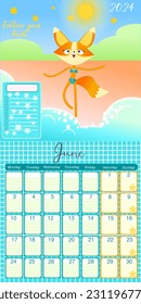 Fox wall calendar. Chinese 2024 year dragon monthly planner design for family, kid gift poster with month birthday funny cartoon cute animal, cards vector illustration of calendar with Fox