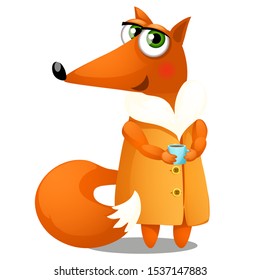 A Fox in a warm coat of orange color with fur and a blue mug with hot coffee or tea isolated on a white background. Vector cartoon close-up illustration