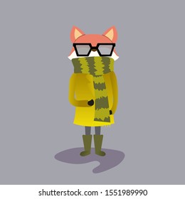 Fox in a warm coat.Vector cartoon illustration close-up