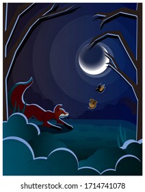 The Fox is watching the birds in the moonlight. Children's vector flat illustrations.
