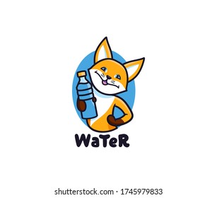 El logo del zorro con agua. Logotipo con letras, animales divertidos, caricaturas, insignia, pegatina, emblema sobre fondo blanco. Ilustración vectorial, plano, arte de línea