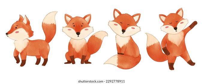 Fox . Watercolor painting design . Set of cute animal cartoon character . Vector .