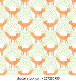 Fox. Watercolor seamless pattern with foxes on the white background, aquarelle. Vector illustration. Hand-drawn decorative element useful for invitations, scrapbooking, design. 