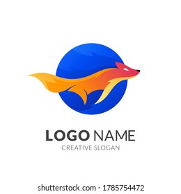diseño de logotipo de zorro y ola, estilo de logotipo 3d moderno en color amarillo degradado y azul