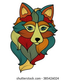 Fox with waves ornament. Vector. It can be used for tattoo or t-shirt logo. Doodle, zen tangle style