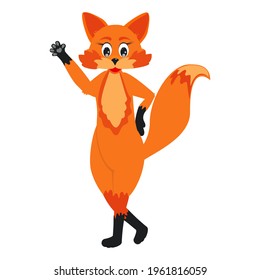 A fox. The fox waves its paw. Animal. Cartoon character. Vector. Can be used to create stickers, magnets, collages in web design.