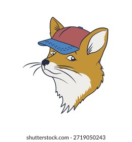 Zorro con ilustración de dibujos animados de gorra de béisbol. Cabeza de personaje animal lindo con sombrero de moda. Zorro de bosque naranja mascota para la moda de los niños. Divertido retrato de la vida silvestre en estilo gráfico plano.