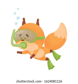 Fox Wearing Diving Suit Snorkeling Underwater Vector Illustration