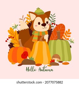 Fox wearing hat and scarf with pumpkin and beautiful leaves on Autumn season, vector illustration