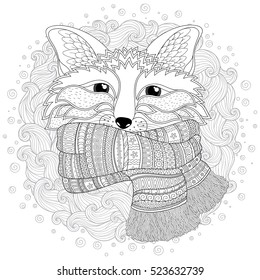 Fox is wearing a scarf. Black white hand drawn doodle animal. Zentangle design. Sketch for coloring page, tattoo, poster, print, t-shirt