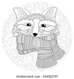 Fox is wearing a scarf. Black white hand drawn doodle animal. Zentangle design. Sketch for coloring page, tattoo, poster, print, t-shirt