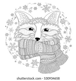Fox is wearing a scarf. Black white hand drawn doodle animal. Zentangle design. Sketch for coloring page, tattoo, poster, print, t-shirt