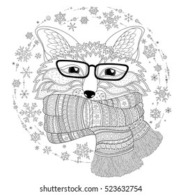 Fox is wearing a scarf.  Coloring page - zendala, design for tattoo, t-shirt print