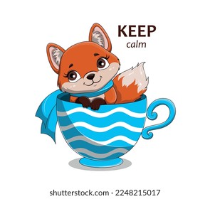 Fox wearing scarf. Cute and adorable animal in blue mug or cup. Poster or banner for website. Motivational quote, greeting card. Template, layout and mock up. Cartoon flat vector illustration