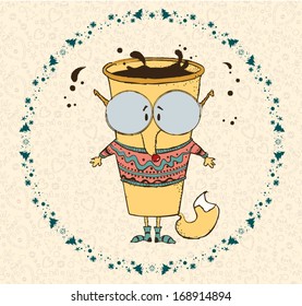 Fox wearing sweater    cup coffee  Vector illustration