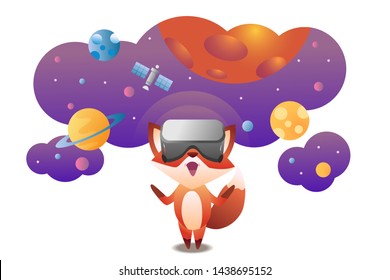 Fox wearing virtual reality headset and looking to the open space with planets and stars. Vector illustration