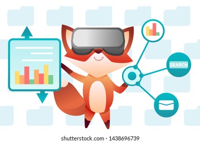 Fox wearing virtual reality headset and entering online account for data management. Vector illustration. Cyber background