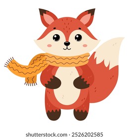 Fox wearing warm scarf. Сute winter forest animal, isolated on white background. Flat vector illustration. Winter and autumn design, cold weather emoticon sticker.