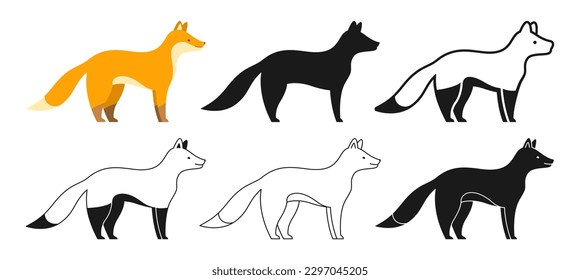 Fox wild animal cartoon style set. Funny forest mammal cute red fox symbol, line doodle or silhouette collection. Flat modern character animal icon. Hand drawn simple abstract zoo vector illustration