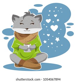 The fox in winter and cold drinks tea or coffee and thinks about love. Vector illustration