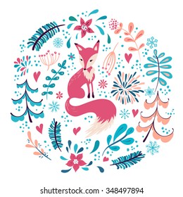 Fox with winter flowers and snowflakes.  Hand drawn Christmas Holiday design for greeting cards, calendars, wrapping paper, prints, invitations.