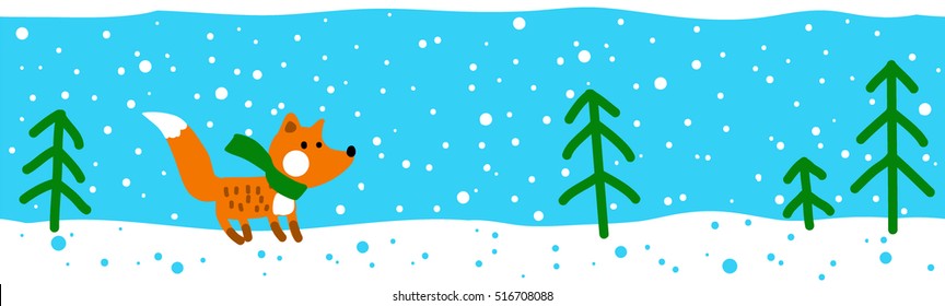 Fox in winter forest. Fabulous. Magic. In the children's style. Seamless vector pattern.