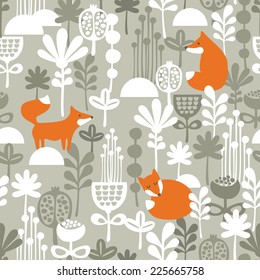 Fox in winter forest seamless pattern. Vector illustration.