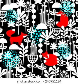 Fox in winter forest seamless pattern. Vector illustration on dark background.