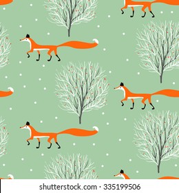 Fox in winter forest seamless pattern. - Illustration
