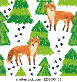 Fox in winter forest vector pattern. Red fox in winter snow forest with green trees and black traces. Oil pastel hand drawing fox vector pattern.