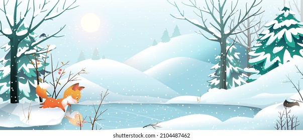 Fox in winter landscape looking reflection at the frozen lake. Christmas holidays forest scene background or greeting card. Watercolor style vector, animal in winter nature Christmas illustration.