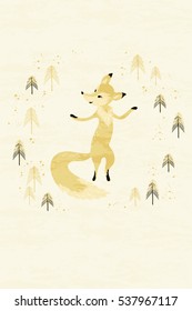 Fox in winter pine forest holiday card. Hand drawn design for Christmas and New Year