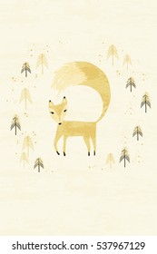 Fox in winter pine forest holiday card. Hand drawn design for Christmas and New Year