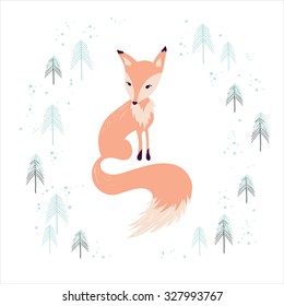 Fox in winter pine forest isolated on white. Hand drawn design for Christmas and New Year greeting cards, fabric, wrapping paper, invitation, stationery. 