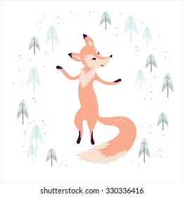 Fox in winter pine forest isolated on white. Hand drawn design for Christmas and New Year greeting cards, fabric, wrapping paper, invitation, stationery. 