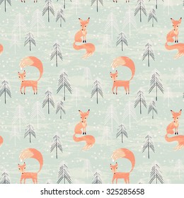 Fox in winter pine forest. Seamless pattern with hand drawn design for Christmas and New Year greeting cards, fabric, wrapping paper, invitation, stationery. 