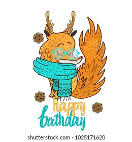  fox in a winter scarf with glasses,inscription happy birthday
