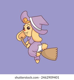 A fox in a witch's outfit and her flying broomstick