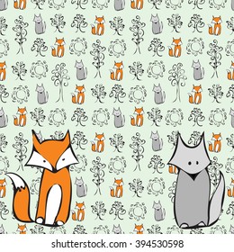 The Fox and the wolf among the trees. Background cartoon cute Abstract forest, the animals and the sun.