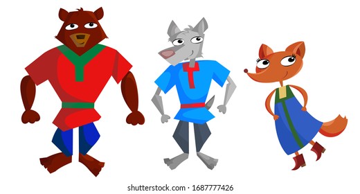 
fox wolf bear. Forest animals. Cartoon animals from a fairy tale