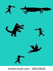 The fox, the wolf and the crow are hunting for a rabbit