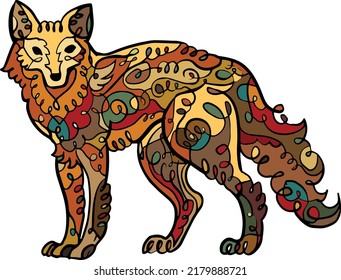 fox, wolf, hand drawn swirl and curl doodle colorful illustration